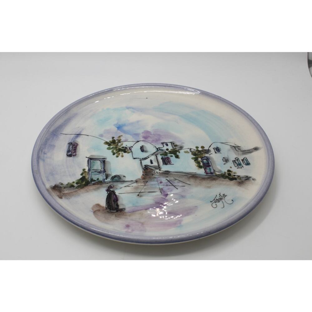 Vtg‎ Signed Hand Painted Water Color Greece Scene Glazed Ceramic Plate Decor